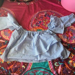 Off the shoulder, blue and white ruffle top.